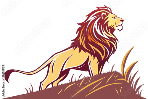 Illustration of a majestic lion standing proudly on a hill with tall grass in a stylized design