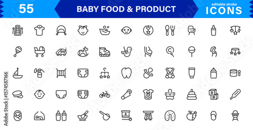 Baby Food and Infant Product Symbols – Professional Modern Line Icon Pack with Unique Vector Style for Nutrition, Care, and Baby Essentials