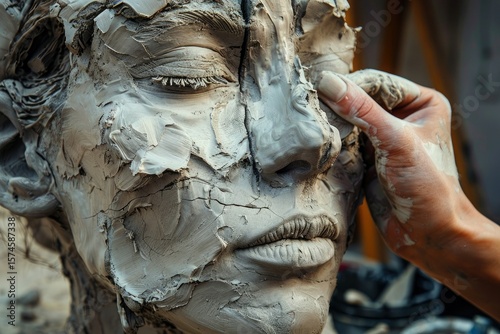 Sculpture of a woman made of clay. Close-up of the sculptor at work, the process of modeling a clay portrait of a person. The sculpture has detailed facial features and a textured surface.
