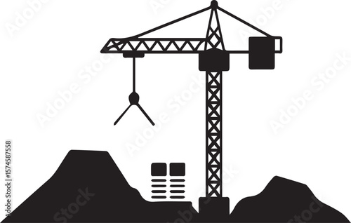 A striking vector illustration of a crane at a bustling city construction site, symbolizing urban development and industrial work