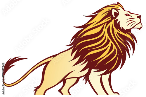 Illustration of a majestic lion with a golden mane standing in a regal pose on a white background