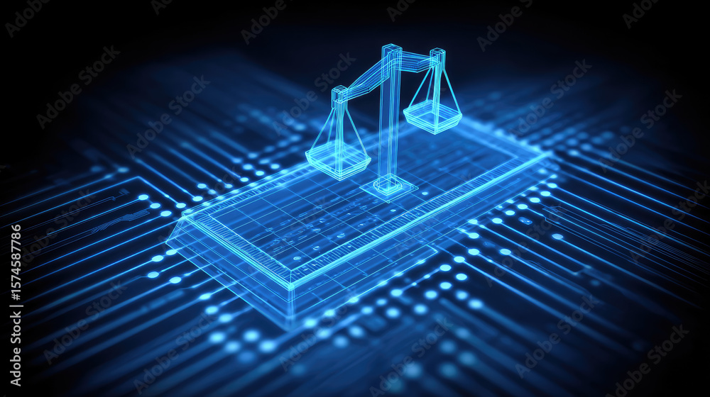 Fototapeta premium Digital justice balancing scales of law in a futuristic cyber environment conceptual visualization technology abstract perspective