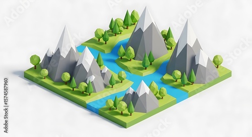 Isometric Low Poly Mountain Landscape Illustration