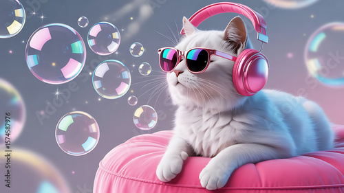 Charming White Cat with Pink Headphones and Sunglasses Surrounded by Playful Bubbles Radiating Joy and Whimsy