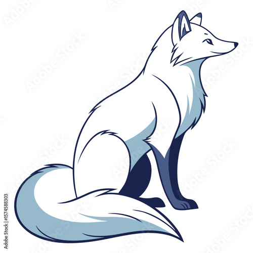 Illustration of a white arctic fox sitting with a fluffy tail and a sleek body looking to the right