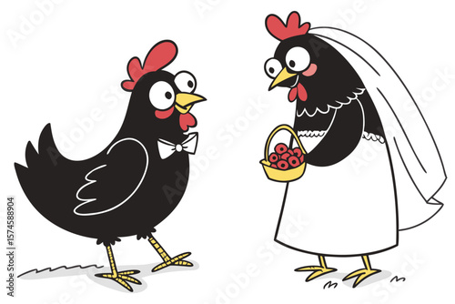 Charming black chickens with decorative bows for a whimsical wedding celebration
