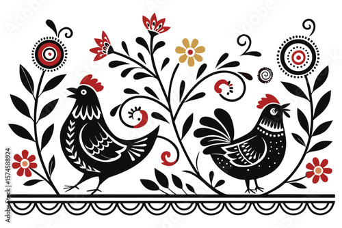 Charming folk art pattern featuring playful black chickens and floral elements