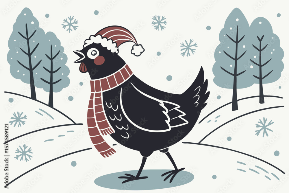 Fototapeta premium Cute black chicken wearing a santa hat and scarf for winter holidays