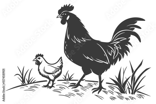 Black rooster and hen silhouette farm life vector illustration