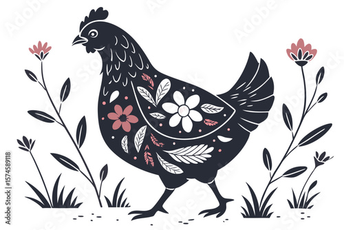 Black chicken silhouette filled with a vibrant floral pattern