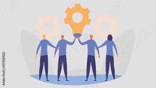 Teamwork illustration showing people holding up a lightbulb with gears in the background