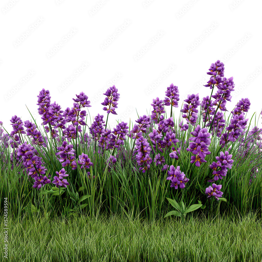 Fototapeta premium Vibrant purple lavender flowers blooming in lush green grass isolated on transparent background