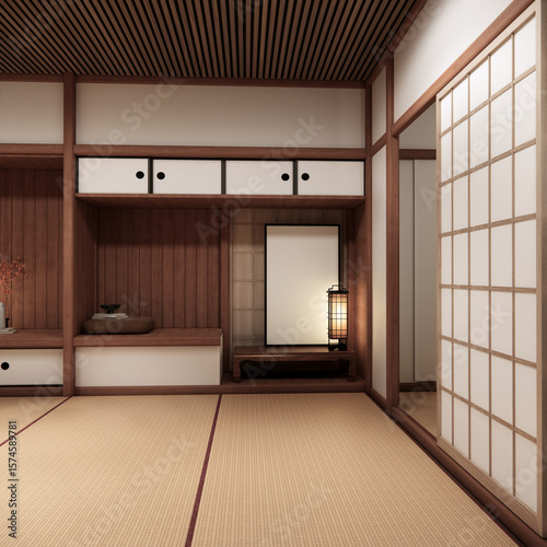 Tokonoma wall design Living room interior cleaning room Japanese traditional style. 3D rendering