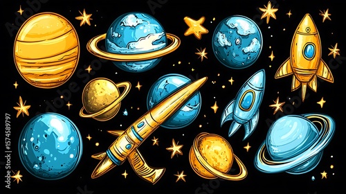 Colorful space objects in a graphic design.