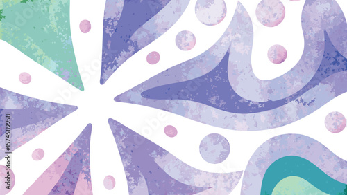 Abstract watercolor design featuring radiating shapes and scattered pink circles on a white background