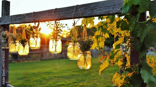 Hanging mason jars with plants create a rustic and charming garden decor element