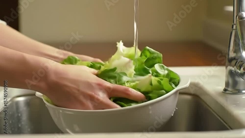 Rinsing Fresh Lettuce in Ceramic Bowl