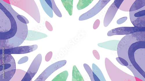 Abstract watercolor design featuring purple green and pink shapes arranged around a white central space