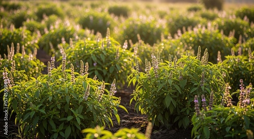 Holy Basil Field: Lush Green Plants with Purple Flowers in Golden Light
