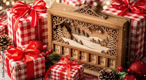 Wooden Advent Calendar with Winter Scene surrounded by Christmas Gifts and Pine Cones