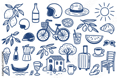 Charming mediterranean vacation doodle collection featuring iconic european summer elements illustration depicting