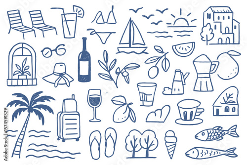 Doodle illustration summer vacation and relaxation elements blue line art style on white backdrop for advertising