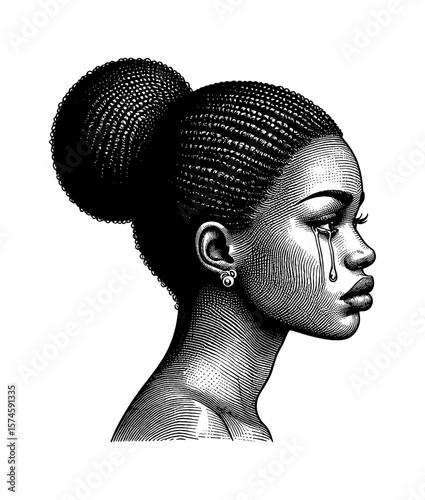 Sad African American Woman Crying with Tears Rolling Down Her Face in Detailed Engraving