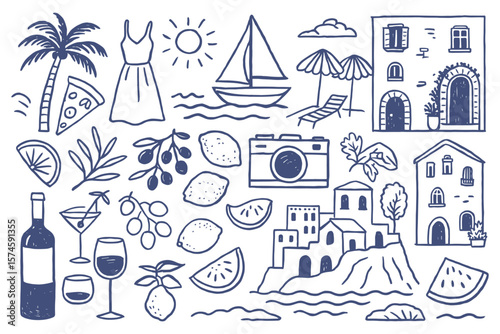 Whimsical Mediterranean Summer Doodle Art Seamless Pattern Featuring Sailboat Lemons and Coastal Villages Evoking a