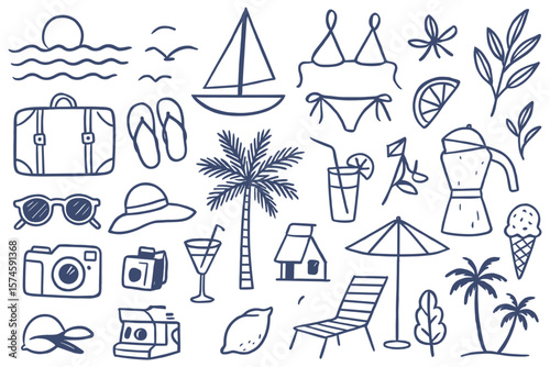 Summer vacation doodle collection with travel suitcase tropical palm tree sunglasses and beach accessories hand drawn