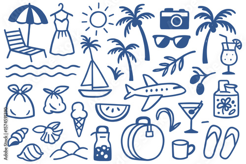 Summer vacation doodles collection for travel themes with vacation elements including beach chair and refreshing