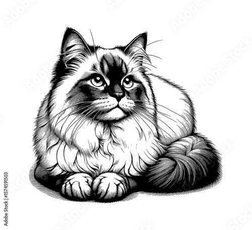 Detailed Black and White Drawing of a Fluffy Cat Resting with a Calm Expression