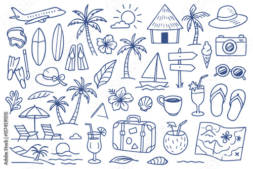 Hand drawn vacation elements doodle sketch style traveling illustration seamless pattern wallpaper summer theme