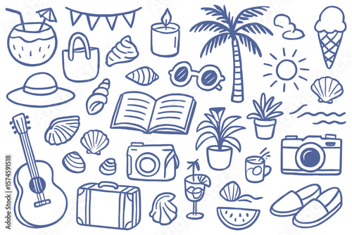 Whimsical summer vibes doodle seamless pattern for fabrics and wallpapers featuring vacation and tropical elements in