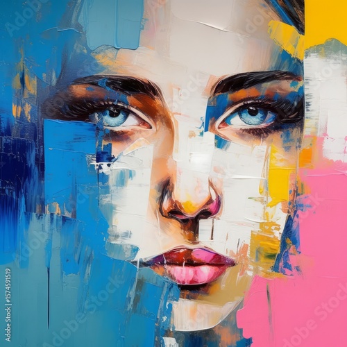 Face of a young woman painted with paint, done in an abstract style
