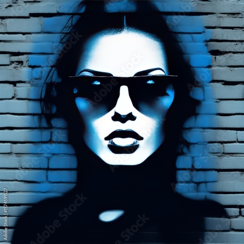 A young woman's face emerging through a blue wall, done in an abstract style