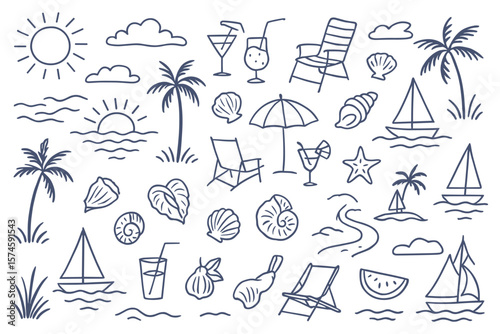 Delightful hand drawn beach doodles seamless pattern showcasing playful summertime vacation elements and holiday
