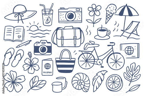 Hand drawn summer holiday elements representing travel adventure and vacations essential in a doodle style perfect for