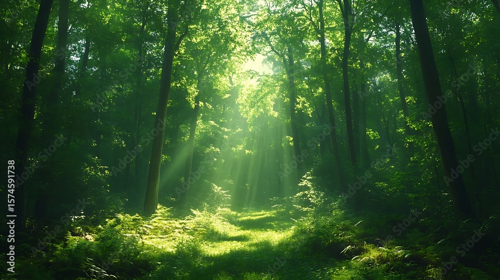 Sunlight streams through a lush green forest. Sunlight streams through a lush green forest.