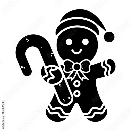 Adorable Gingerbread Man Holding a Candy Cane Festive Christmas Illustration vector icon solid style