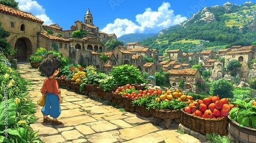 A boy stands on a paved pathway in a quaint village market.