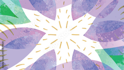 Abstract watercolor floral design with pastel petals and radiating golden dashes around a white center