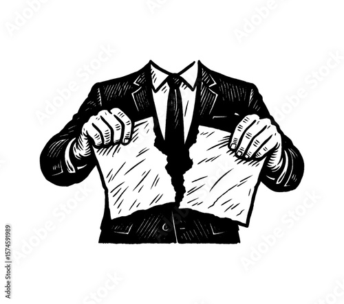 Person in Suit Tearing Paper in Half, Black and White Engraving Illustration, Isolated