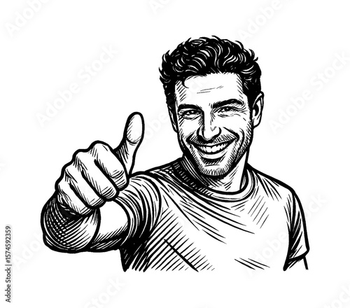 Smiling Caucasian man giving a thumbs up in a detailed black and white engraved style illustration