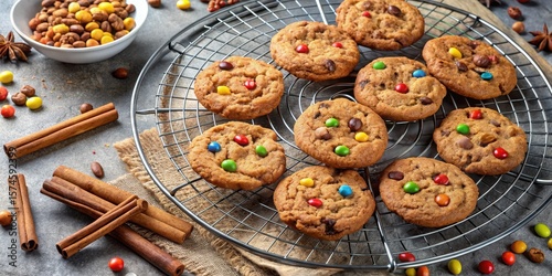 A plate of fresh baked monster cookies arranged in a decorative manner on a wire rack, surrounded by a few stray crumbs and a sprinkle of cinnamon , treats, baked goods
