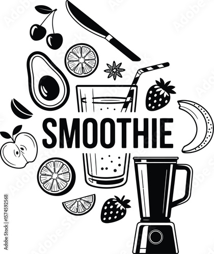 Smoothie recipe illustration with blender fruit and vegetables for healthy eating diet plan 100 character