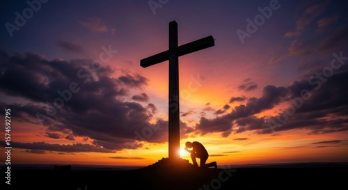 Faithful Devotion at Sunset Beside the Cross