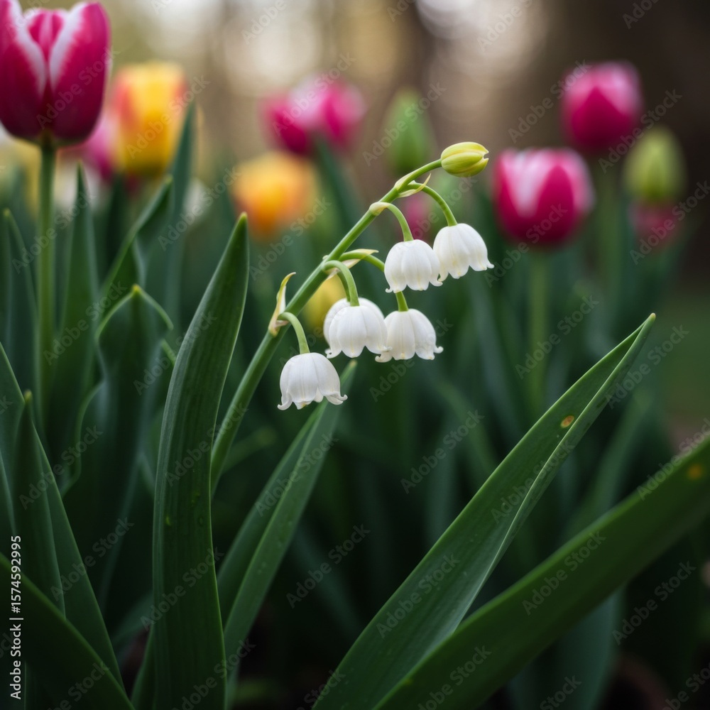 Fototapeta premium White Lily of the Valley Blooms Among Pink and Yellow Tulips