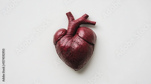 A detailed anatomical model of a human heart.