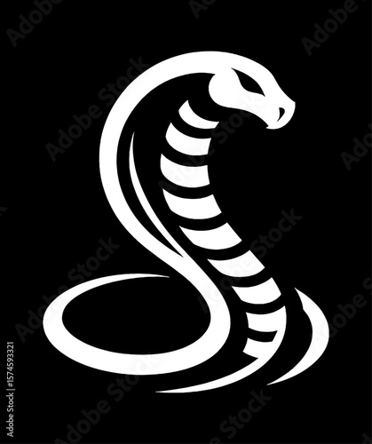 White Cobra Snake Silhouette on Black Background - Vector Illustration