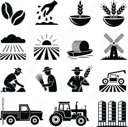 Farming agriculture crops harvest farmer grain wheat tractor windmill silo vector icon set design